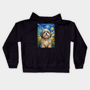 Shih Tzu Dog Breed Painting in a Van Gogh Starry Night Art Style Kids Hoodie